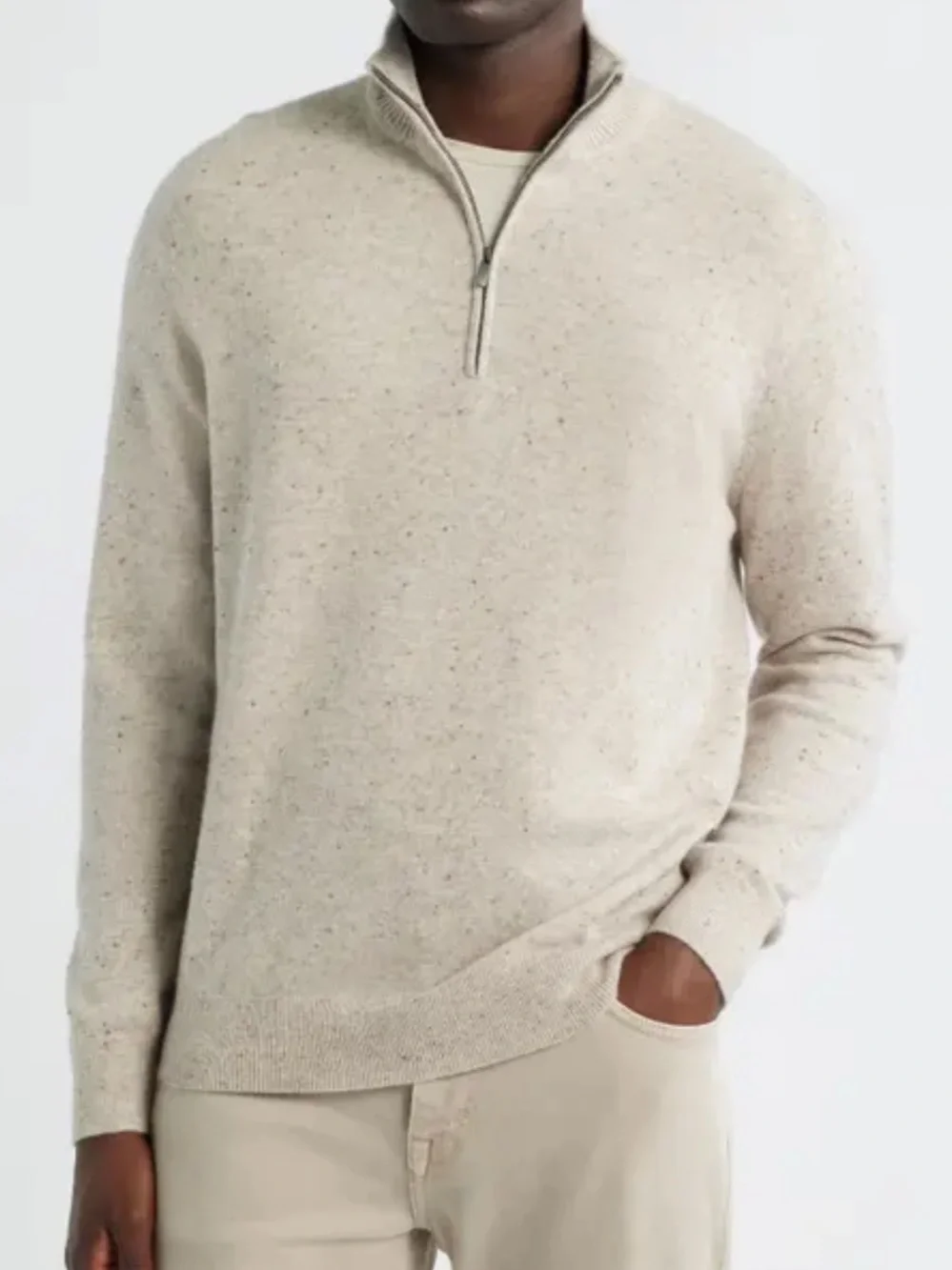 Nordstrom Mens 100% cashmere oatmeal donegal 1/4 zip up sweater L NWT